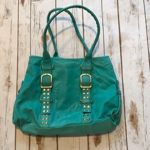 OMBU teal leather satchel handbag with metal studs